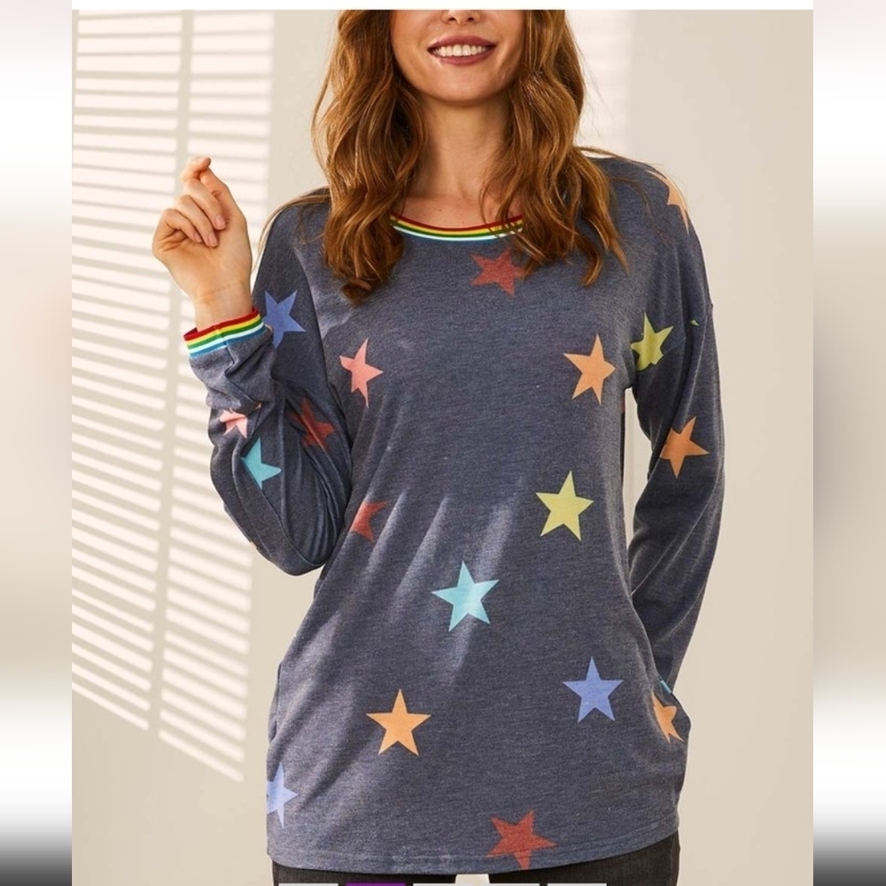 Navy Star Rainbow Stripe-Trim Relaxed-Fit Crewneck Sweater
